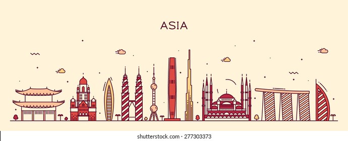 Asia Skyline Detailed Silhouette. Trendy Vector Illustration, Line Art Style.