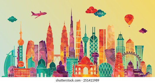 Asia Skyline Detailed Silhouette. Vector Illustration