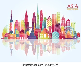 Asia Skyline Detailed Silhouette. Vector Illustration