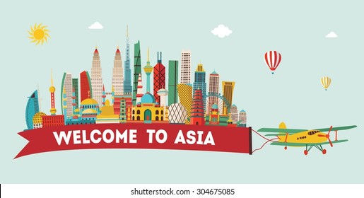 Asia skyline detailed silhouette. Vector illustration