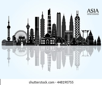 Asia Skyline Detailed Silhouette. Vector Illustration