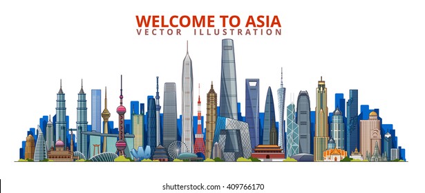 Asia skyline icons cities. Bangkok.
Kuala Lumpur. Singapore. Hong kong. Tokyo. Shanghai. Vector illustration