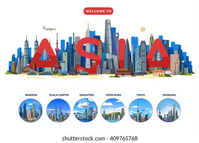 Asia skyline icons cities. Bangkok.Kuala lumpur. Singapore. Hong kong. Tokyo. Shanghai