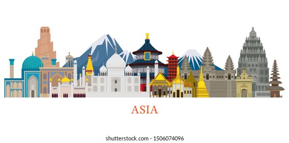 Asia Skyline Landmarks in Flat Style, Famous Place and Historical Buildings, Travel and Tourist Attraction