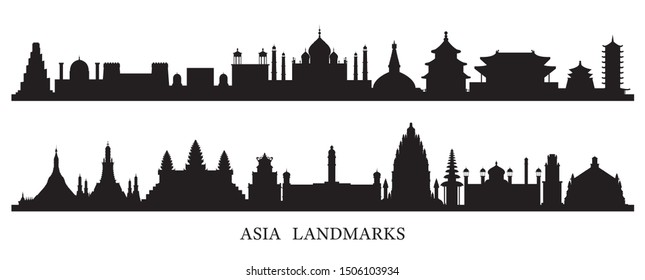 Asia Skyline Landmarks Silhouette, Famous Place and Historical Buildings, Travel and Tourist Attraction