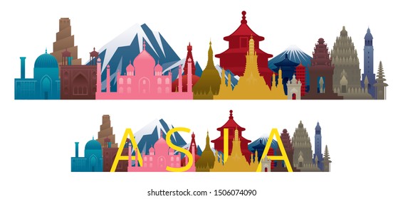 Asia Skyline Landmarks with Text or Word, Famous Place and Historical Buildings, Travel and Tourist Attraction