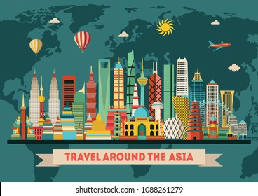 Asia skyline silhouette. Travel and tourism background. Vector illustration¸