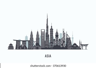 Asia Skyline Silhouette. Travel And Tourism Background. Vector Flat Illustration