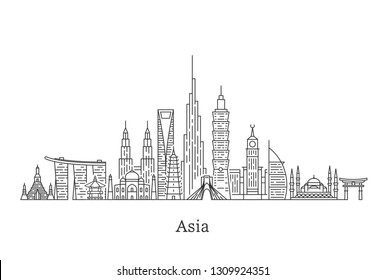 Asia Skyline. Travel And Tourism Background. Asian Landmarks. Outline Vector Illustration. 