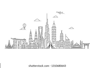 Asia Skyline. Travel And Tourism Background. Asian Landmarks. Outline Vector Illustration.