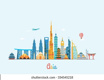 Asia Skyline. Travel And Tourism Background. Vector Flat Illustration