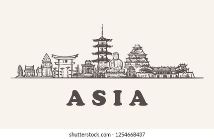 Asia skyline vintage vector illustration, hand drawn buildings of Asia on white background.