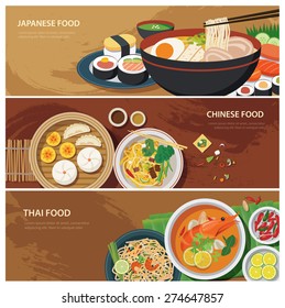 asia street food web banner , thai food , japanese food , chinese food flat design