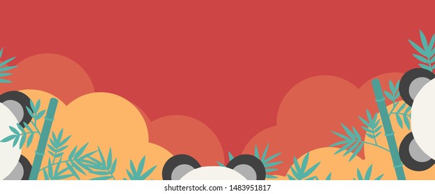 Asia style vector web banner with copy space, panda ears, bamboo and golden clouds on red background