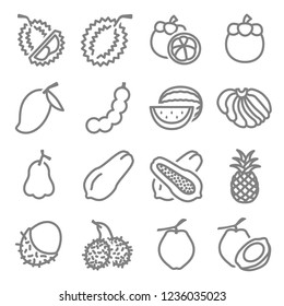 Asia Thai Fruits Related Vector Line Icons. Contains such Icons as Durian, Papaya, Watermelon, Banana and more