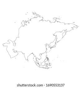 Mapa de esquema negro fino de Asia. Mapa de contorno del continente. Simple ilustración vectorial plana.