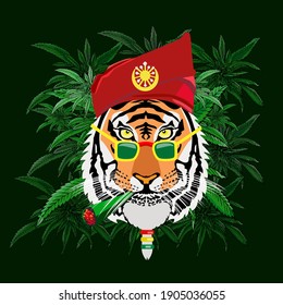 Asia tiger wearing red headcover smoke weed with leaf background. vector design