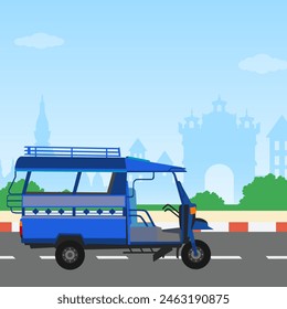 Asia top famous landmark of Laos silhouette style, Thatlouang and Patuxay background and Tuktuk on the road template vector illustration
