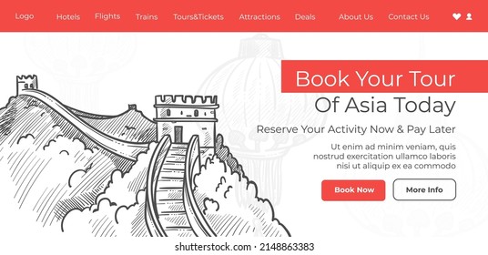 Asia tour today book your trip on online web of travel agency. Adventures and exploration of oriental country, Great wall of China. Website internet landing page template, vector in flat style