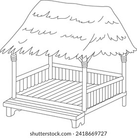 Asia traditional bamboo cottage black and white vector line art illustration