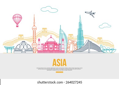 Asia Travel Background With Place For Text. Skyline Detailed Silhouettes. Vector Illustration.