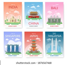 Asia Travel. Exotic Tour Beautiful Landmarks, Historical City Buildings And Constructions. Tourist Excursion Postcards, Discover Southeast Journey Countries, East Architecture Posters. Vector Card Set