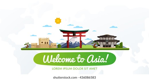 Asia travel. Welcome to Asia invitation poster with famous landmark building attraction design element. World traveling and tourism illustration. Vector travel background on white copyspace
