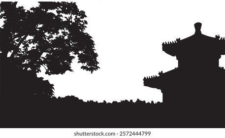 Asia Tree and Chinese Temple vector graphic silhouette background black environment element asia