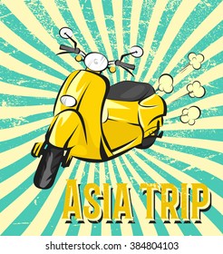 Asia trip retro banner. Old scooter vintage illustration. Vector image. Yellow oldschool moped. Rays, scratches and clouds of smoke. Pop art cartoon style.