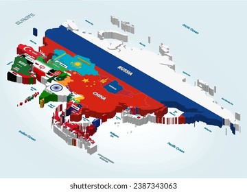 Asia vector isometric map combined with national flags