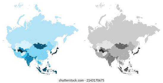 Asia Vector Map (including Russia, Central Asia countries) with capitals and major cities mapped (optionally). Asia Map. Asian Map