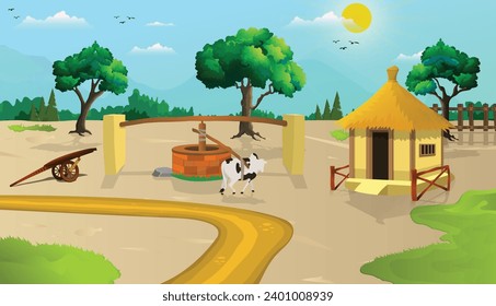 Asia village illustration cartoon background of green meadows, cow, field area, farmer houses and surrounded by trees and mountains.