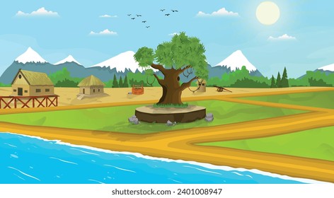 Asia village illustration cartoon background of green meadows, field area, farmer houses and surrounded by trees, sea and mountains.