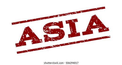Asia watermark stamp. Text Caption between parallel lines with grunge design style. Rubber seal stamp with dirty texture. Vector dark red color ink imprint on a white background.