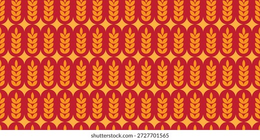 Ásia embalagem de trigo para pão ou planta de arroz. Ilustração de vetor de fundo uniforme EPS 10. Esquema de cores vermelho amarelo clássico da sorte para a colheita da grande agricultura. Design de banner rural asiático. Cartaz decorativo abstrato de ecologia. Arroz, trigo, centeio, farinha, orelhas, caules.