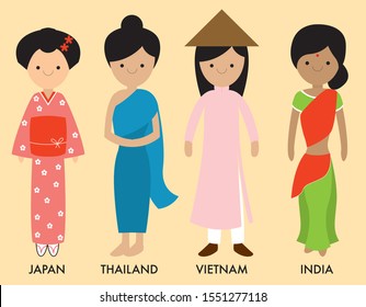 Asia Women including Japan, Thailand, Vietnam and india in their traditional costume.