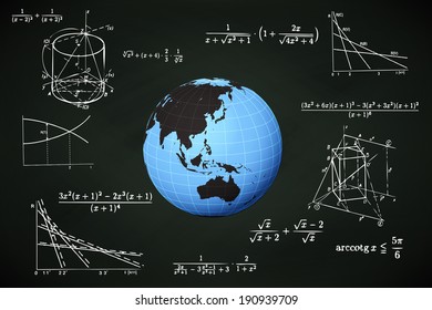 Asia world globe on blackboard with math calculations vector illustration