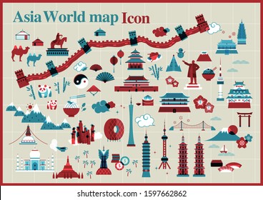 Asia World Map Icon with Famous Tourist Sites and Landmarks