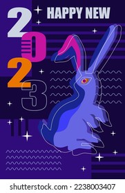 Asian 2023 New Year poster with graphic rabbit, lunar symbol of the year with decorative space elements.