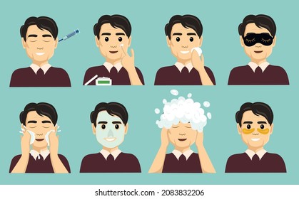 asian adult man takes care of his face with various actions. set of vector illustrations of man isolated on light blue background.