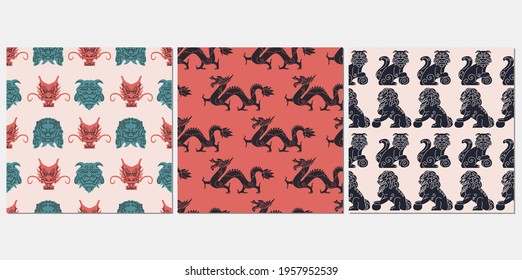 Asian aesthetic seamless pattern vector set. Japanese mythology texture design. Komainu dogs, lion statues, ancient dragon collection background. Old cultural elements design wrapping.