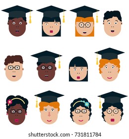 Asian, African american children, students. Graduation class. School Boys and Girls, vector illustration, vector set