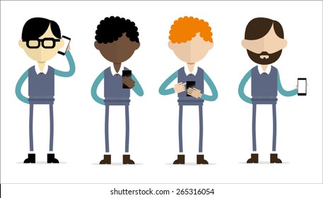 Asian, Afro-american and Caucasian men holding mobile device.