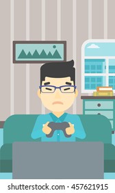 An asian aggressive gamer playing video game on the television and losing. An angry young man with console in hands playing video game at home. Vector flat design illustration. Vertical layout.