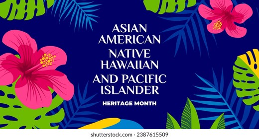 Mes asiático-americano, nativo hawaiano y pacífico de herencia de isleños. Pancarta vectorial para los medios sociales. Ilustración con texto e hibisco. Mes del Patrimonio Asiático-Norteamericano en un fondo azul.