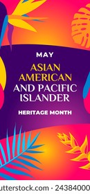 Asian american, native hawaiian and pacific islander heritage month. Vector vertical banner for social media. Illustration with text. Asian Pacific American Heritage Month on purple background.