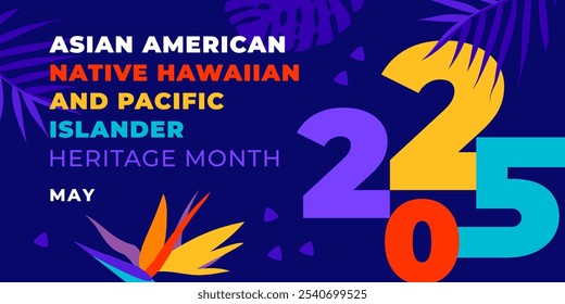 Asiático americano, nativo hawaiano e isleño del Pacífico mes de la herencia 2025. Anuncio de Vector para las redes sociales. Ilustración con texto. Mes del patrimonio estadounidense del Pacífico asiático sobre fondo azul.