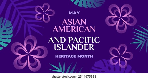 Mes de la herencia de los asiático-americanos, hawaianos nativos e isleños del Pacífico. Anuncio de Vector para las redes sociales. Ilustración con texto y plumeria. Mes del patrimonio americano del Pacífico asiático sobre fondo azul