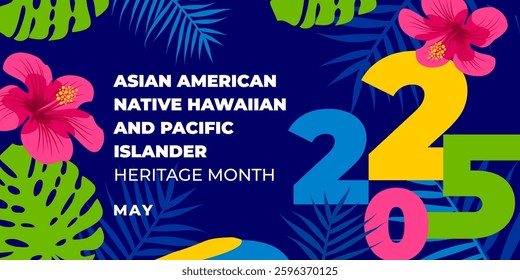 Asian american, native hawaiian and pacific islander heritage month 2025. Vector banner for social media. Illustration with text. Asian Pacific American Heritage Month on blue background.