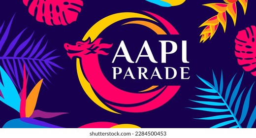 Asian American and Pacific Islander (AAPI) Parade. Vector banner for social media, card, flyer. Illustration with text, tropical plants. Asian Pacific American Heritage Month horizontal composition